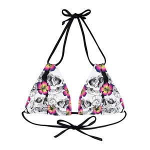 Floral Gothic Skulls Strappy Triangle Bikini Top | Psychedelic Gothic Skull Goth Emo Heavy Metal Punk Occult