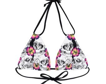 Floral Gothic Skulls Strappy Triangle Bikini Top | Psychedelic Gothic Skull Goth Emo Heavy Metal Punk Occult