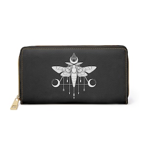 Cartera gótica con cremallera pagana gótica de metal con media luna oculta y luna de polilla gótica