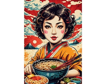 Retro Ramen Geisha Japan Japanese Food Noodles Premium Matte Vertical Posters