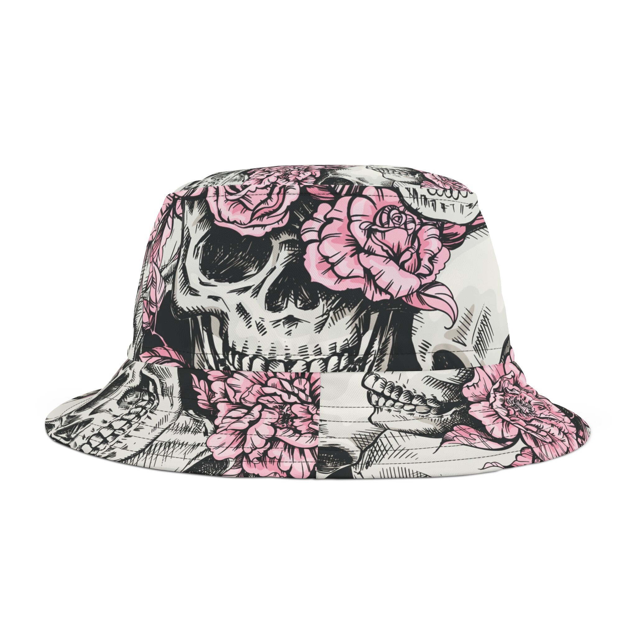 クラッシャーハット　サイケデリックピンク ピンクの花柄ゴシックスカルバケットハット | サイケデリック ゴシック