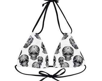 White Gothic Skulls Strappy Triangle Bikini Top | Psychedelic Gothic Skull Goth Emo Heavy Metal Punk Occult