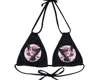 Haut de bikini triangle noir gothique à lanières rose pastel Fairy