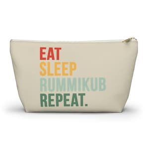 Eat Sleep Rummikub Repeat (Beige) Tile Bag | Storage Bag for Rummikub Tiles and Trays (up to 12 inches) | Rummikub Travel Bag