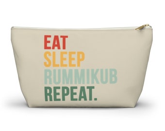 Eat Sleep Rummikub Repeat (Beige) Tile Bag | Storage Bag for Rummikub Tiles and Trays (up to 12 inches) | Rummikub Travel Bag