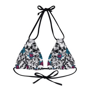 Skull Flowers Strappy Triangle Bikini Top | Psychedelic Gothic Skull Goth Emo Heavy Metal Punk Occult