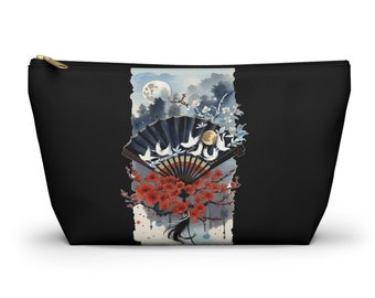 Chinese Watercolor Fans and Flowers Black Mahjong Tile Bag | Mahjong Bags For Tiles | Mah Jongg Bag | Bag For Mahjong Tiles