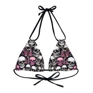 Pink & Black Gothic Skulls Strappy Triangle Bikini Top | Psychedelic Gothic Skull Goth Emo Heavy Metal Punk Occult