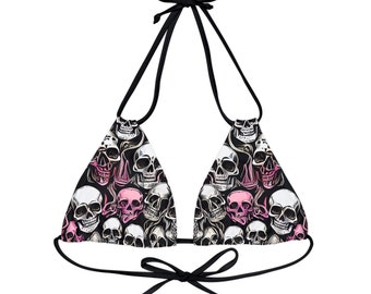 Pink & Black Gothic Skulls Strappy Triangle Bikini Top | Psychedelic Gothic Skull Goth Emo Heavy Metal Punk Occult