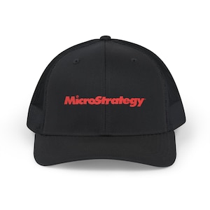 May include: Black trucker cap with a mesh back and a curved peak. The cap displays the red text "MicroStrategy" across the front. A classic style, suitable for casual wear.