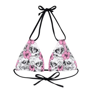 Pink Flowers Gothic Skulls Strappy Triangle Bikini Top | Psychedelic Gothic Skull Goth Emo Heavy Metal Punk Occult