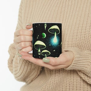 Cosmic Cap Mushrooms Ceramic Mug 11oz | Mystical Mushroom Lover Gift | Fungi Grower Forager | Gifts for Gardeners & Vegans