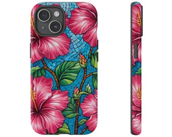 Pink Mosaic Hibiscus Phone Case Protective Cover for iPhone 14s & 15s - Cute Preppy Beach Girly Summer Tropical Floral Flower Hawaiian Gift