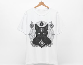 Gato estrela gótico | T-shirt unisex do gato gótico oculto | gótico camiseta | Geometria sagrada