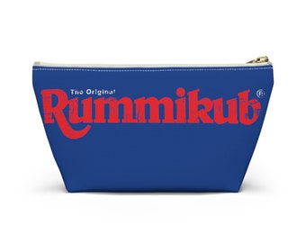 Donkerblauw (wit) Retro Rummikub-logo Verontruste tegelzak | Opbergtas voor Rummikub-tegels| Rummikub reisetui | Rummikub