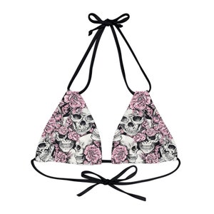 Pink Floral Gothic Skulls Strappy Triangle Bikini Top | Psychedelic Gothic Skull Goth Emo Heavy Metal Punk Occult