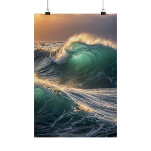 Surf Poster Turquoise Waves Sunset Matte Vertical Poster - Ocean Print Beach Gift For Her Wall Art Prints Surfing Decor Coastal Decor