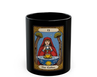 La taza negra de la carta del tarot del café (11oz, 15oz) / Carta del tarot y amante del café / Taza de tarot divertida / Arte del café del tarot