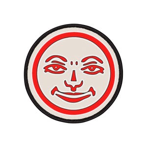 May include: A red and white circular patch with a stylized smiling face in the center. The face has two eyes, a nose, and a mouth.
