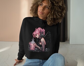 Goth Fairy Pink Pastel Crop Sudadera con capucha / Jersey de hadas góticas / Chaqueta con capucha gótica para mujer