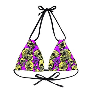 Purple Gothic Skulls Strappy Triangle Bikini Top | Psychedelic Gothic Skull Goth Emo Heavy Metal Punk Occult