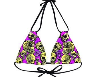 Purple Gothic Skulls Strappy Triangle Bikini Top | Psychedelic Gothic Skull Goth Emo Heavy Metal Punk Occult