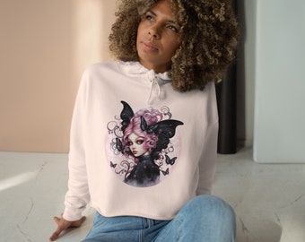 Retro rosa pastel goth fairy crop sudadera con capucha / jumper de hadas góticas / chaqueta con capucha gótica para mujer