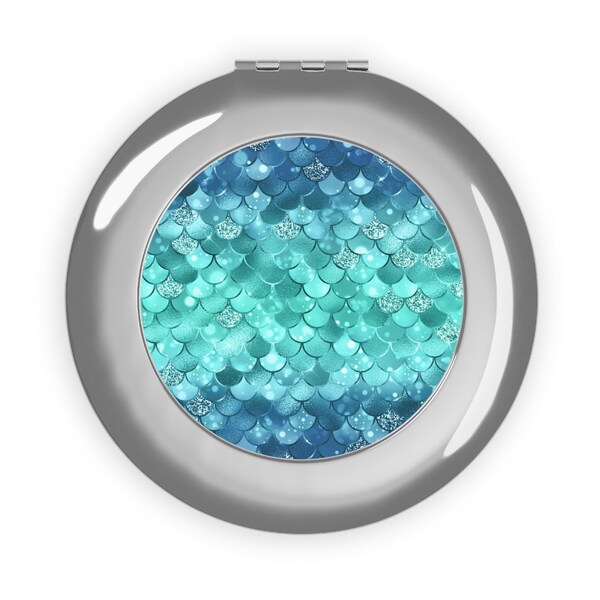 Blue and Turquoise Metallic Mermaid Scales Compact Travel Mirror