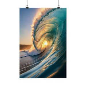 Surf Poster Turquoise Wave Sunset Matte Vertical Poster - Ocean Print Beach Gift For Her Wall Art Prints Surfing Decor Coastal Decor
