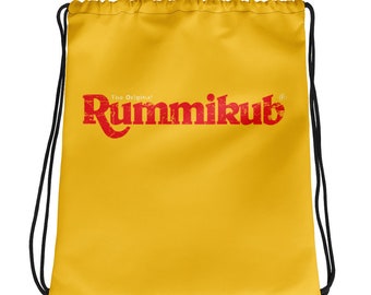 Bolsa de cordón Retro Rummikub (amarillo) / Bolsa de almacenamiento para azulejos y bandejas Rummikub (hasta 13 pulgadas) / Bolsa de viaje Rummikub