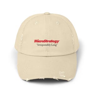 May include: A beige baseball cap with the MicroStrategy logo in red and the tagline "Irresponsibly Long." The cap has a pre-curved peak and distressed detailing around the edges.