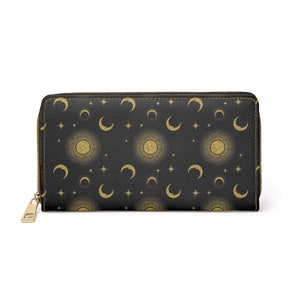 Cartera gótica / Patrón oculto negro Pagan Gold Glitter Cartera gótica / Luna creciente de bruja mágica / Cielo celestial