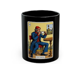 La taza negra de la carta del tarot del café (11oz, 15oz) / Carta del tarot y amante del café / Taza de tarot divertida / Arte del café del tarot
