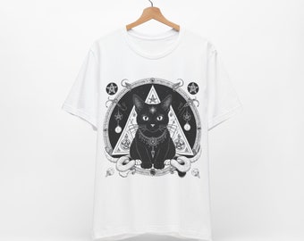 Gato gótico místico | T-shirt unisex do gato gótico oculto | gótico camiseta | Geometria sagrada