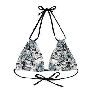 Light Blue Floral Gothic Skulls Strappy Triangle Bikini Top | Psychedelic Gothic Skull Goth Emo Heavy Metal Punk Occult