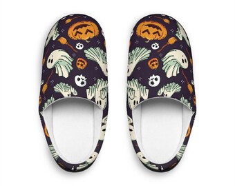 Halloween Slippers - Womens Indoor Slippers with Scary Ghosts & Pumpkins, Gifts for Mom, Costume Pumpkin Shoes, Halloween Theme