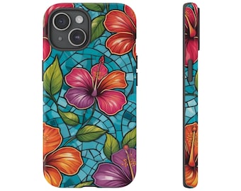 Mosaic Hibiscus Phone Case Protective Cover for iPhone 14s & 15s - Cute Preppy Beach Girly Summer Tropical Floral Flower Hawaiian Gift