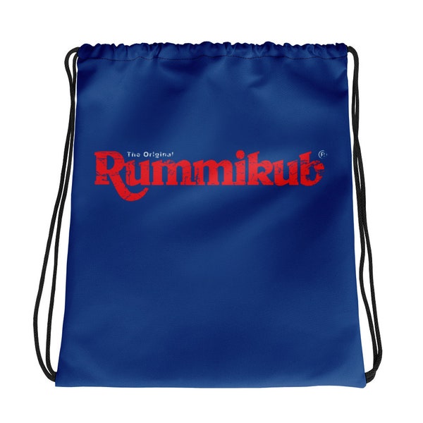 Retro Rummikub Drawstring Bag (Dark Blue) | Storage Bag for Rummikub Tiles and Trays (up to 13-inches) | Rummikub Travel Bag