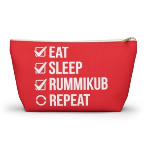 Eat Sleep Rummikub Repeat (White/Red) Rummikub Tile Bag | Storage Bag for Rummikub Tiles and Trays (up to 12 inches) | Rummikub Travel Bag