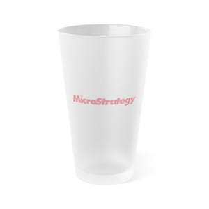 May include: A frosted glass with a pink MicroStrategy logo printed on the front.