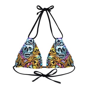 Trippy Gothic Skulls Strappy Triangle Bikini Top | Psychedelic Gothic Skull Goth Emo Heavy Metal Punk Occult