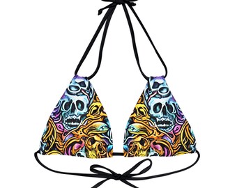 Trippy Gothic Skulls Strappy Triangle Bikini Top | Psychedelic Gothic Skull Goth Emo Heavy Metal Punk Occult