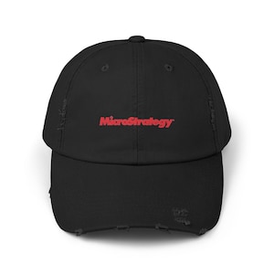 May include: A black distressed baseball cap with a red embroidered logo that says "MicroStrategy".