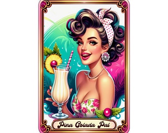 Pina Colada Tarot Card Pin Up Girl Cocktail Matte Vertical Posters - Divertido Vintage Alcohol Beber Ilustración Sarcástica Wall Art Regalos