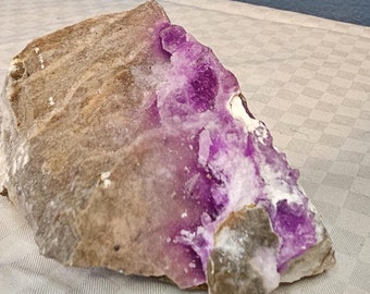 May include: A rough-hewn rock formation featuring a striking contrast of colors. The majority of the rock is a muted tan, while a vibrant cluster of deep purple crystals is embedded within. The crystals have a textured, almost bubbly appearance.
