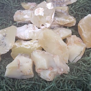 May include: A collection of raw, uncut, pale yellow-green onyx stones. The stones have a rough, natural texture and varying sizes. They are displayed on a bed of green, fibrous material.