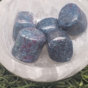 May include: A collection of tumbled stones, primarily blue with red inclusions, rests in a white, shallow bowl. The bowl sits atop a bed of green moss. The stones have a smooth, polished appearance.