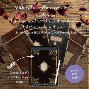 Puede incluir: Conjunto de cuatro cubiertas de planificador digital con diseños de libros antiguos y detalles metálicos ornamentados. Las cubiertas son personalizables y se pueden usar para un planificador digital o un libro de sombras. El texto en la imagen dice "V&R Alternate Cover Set #1 Customize the Organized Witch's Book of Shadows Digital Planner to suit your craft! Set of 4 digital BOS:Planner Covers Front & Back Easy to Add! PDFs"