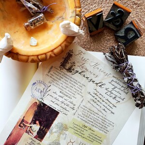 May include: An arrangement of spiritual items, including a bundle of dried herbs, a decorative bowl, and a printed page with text. The page features the words "First Harvest Lammas" and botanical illustrations.