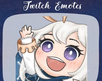 May include: A cartoon illustration of a white-haired character with large, sparkling eyes and a wide, open mouth. The character is wearing a white and blue outfit and has a golden bracelet on their wrist. The background is a light blue with stars.